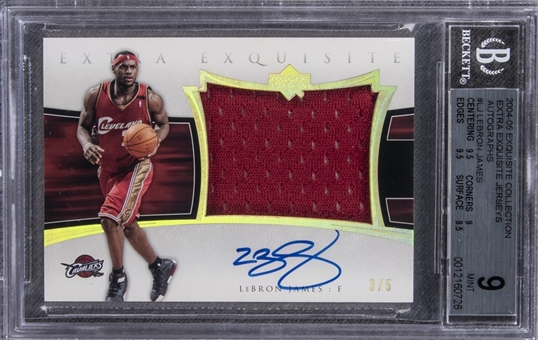 2004-05 UD Exquisite Collection "Extra Exquisite Jerseys Autos" #AEE-LJ LeBron James Signed Patch Card (#3/5) – BGS MINT 9/BGS 10 